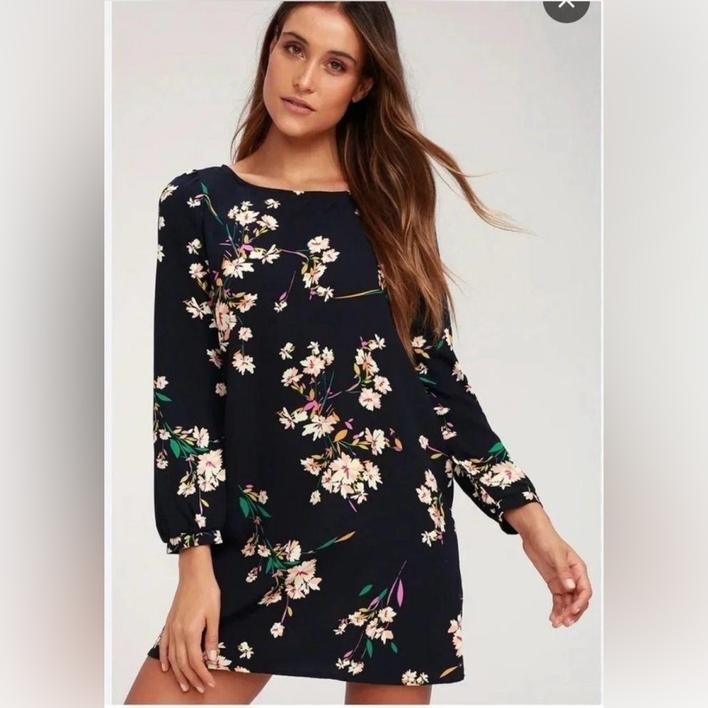 Lulus Elegant Navy Blue Floral Long sleeve tunic dress, Medium